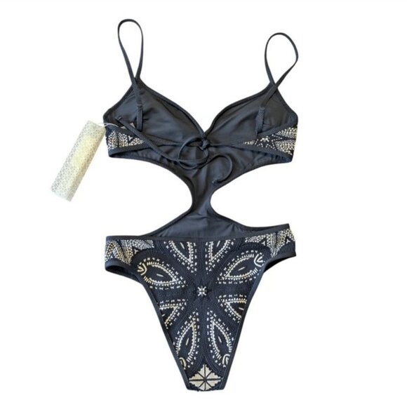 Devon Windsor Julian Black Jacquard One Piece Swimsuit New Size Medium Cut Out - Picture 3 of 12